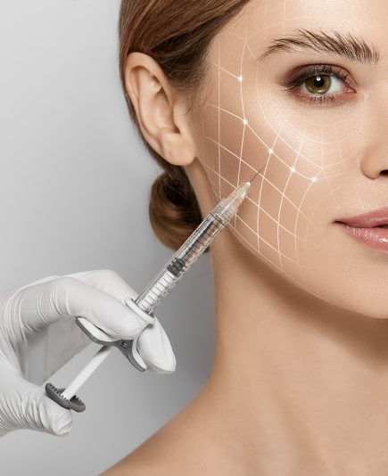 Beauty injections. Lifting lines on a woman's face showing of skin tightening and face contour correction with beauty injections in cosmetology